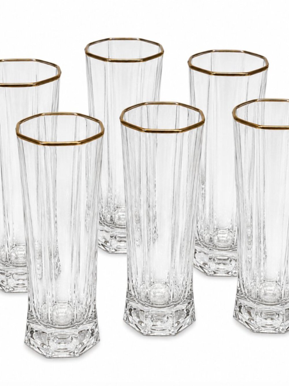 6 Luminarc France Octagon Highball Glasses Gold Rim Vintage Barware Set Clear